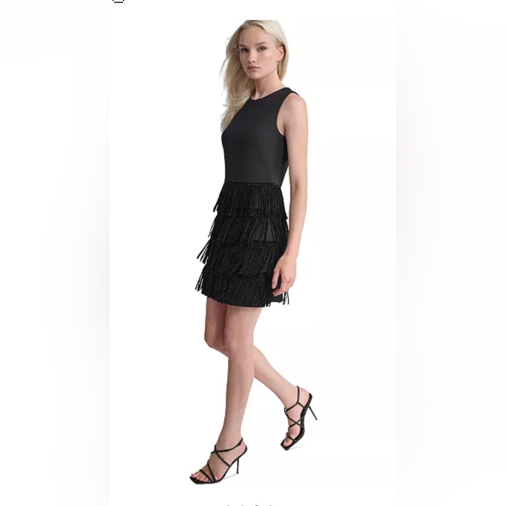DKNY Women’s Black Fringe Dress with Tiered Design - Picture 2 of 9